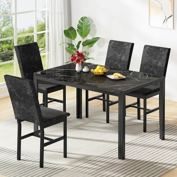 AWQM Products 5-Piece Marble Dining Set, Modern Kitchen Table and Chairs for Dining Room, Dinette, Compact Space Saving Furniture, 4 Upholstered Velvet Chairs - Black