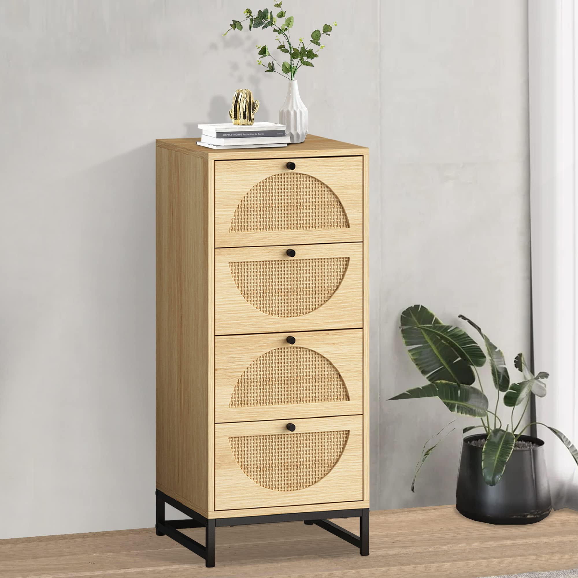 AWQM Rattan Cabinet with 4 Drawers Tall Wooden Bedside Table with Metal Base Accent Storage Cabinet for Living Room Bedroom Entrance Hallway