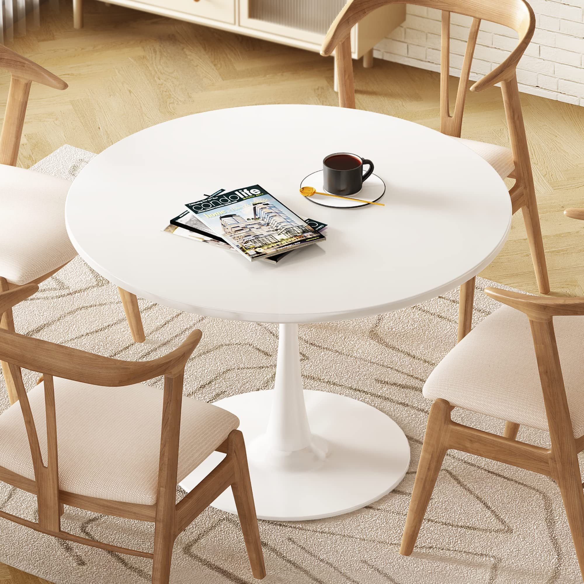 31.5" Round Modern Dining Table With Tulip Base - White Lacquer Top, 29" Height