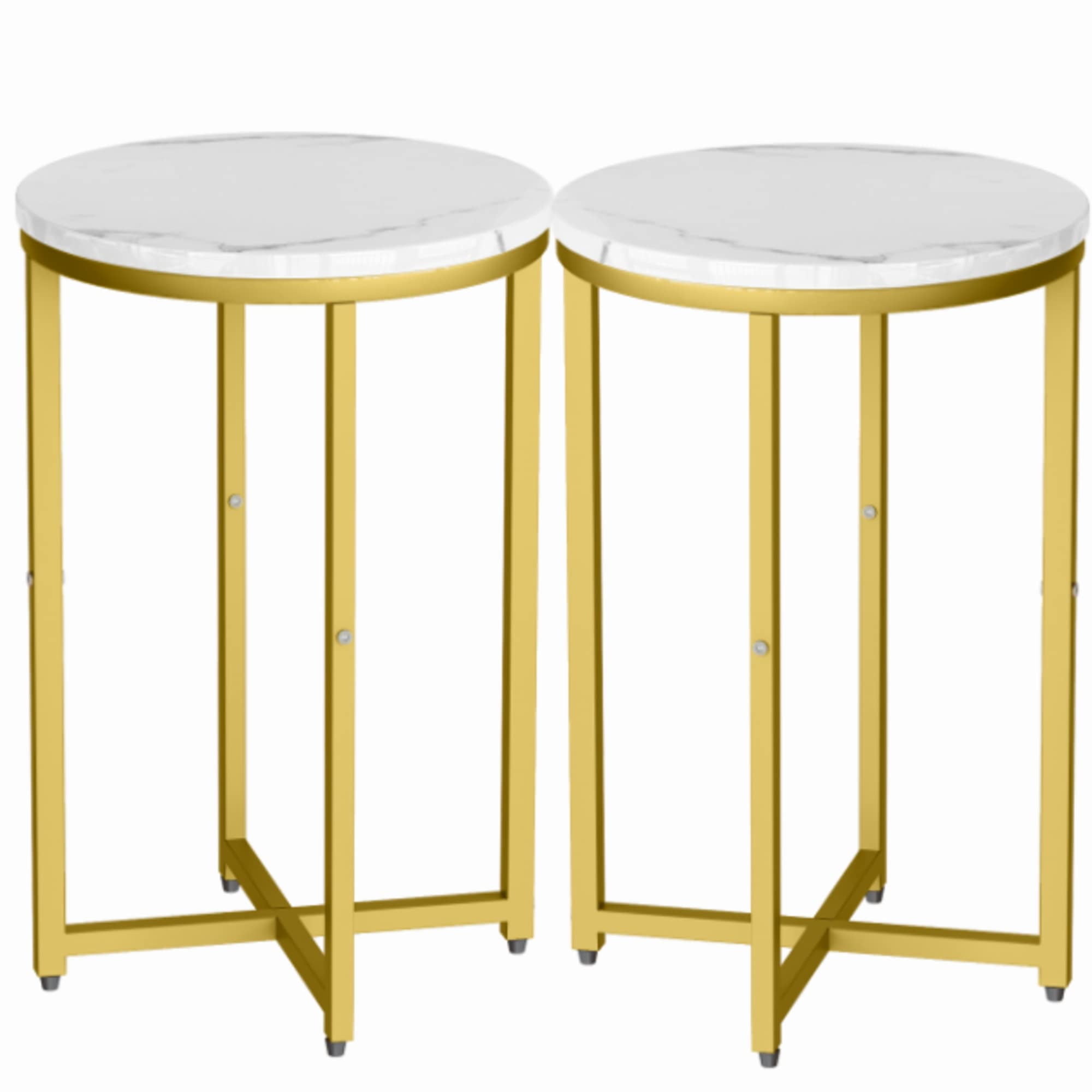 AWQM Set of 2 Round End Tables, Faux Marble with Metal Frame, Modern