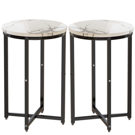 AWQM Round Side Table, 2-Piece Faux Marble End Table with Metal Frame,Small Coffee Table,Modern Accent Table Nightstand Home Decor for Living Room Bedroom Office,Black+White