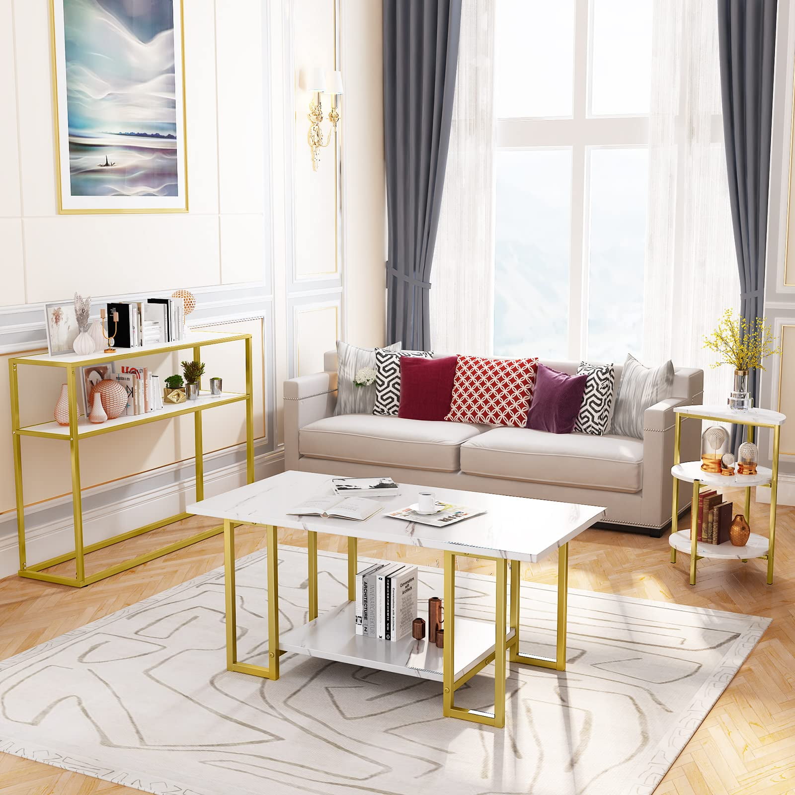 AWQM Storage Multi 3 Tiers 2 Pieces Marble Coffee Table, 2 Side Table, White/Gold