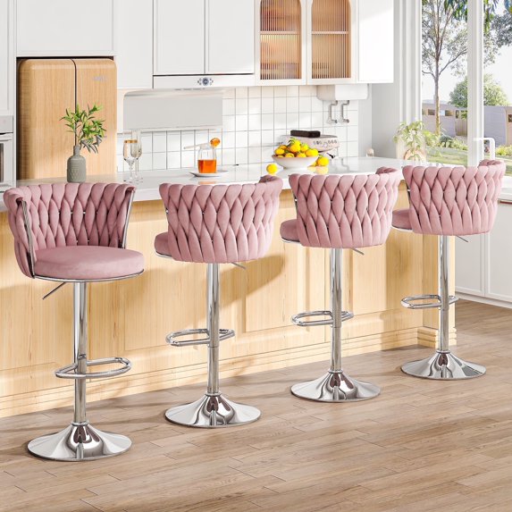 AWQM Swivel Bar Stool Set of 4, Velvet Upholstered Barstools , Adjustable Counter Height Barstools Kitchen Island Chairs, Bar Chairs Counter Stool with Back & Footrest, Pink