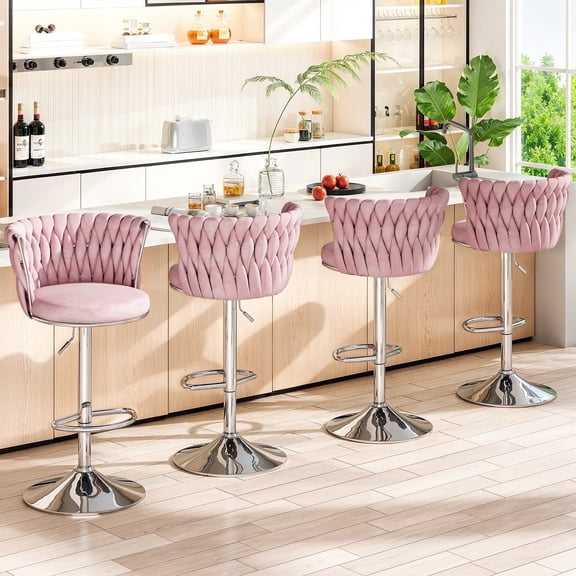 AWQM Swivel Bar Stool Set of 4, Velvet Upholstered Pub Chairs, Metal Base Barstools, Adjustable Counter Height Barstools Kitchen Island Chairs, Bar Chairs Counter Stool with Back & Footrest, Pink