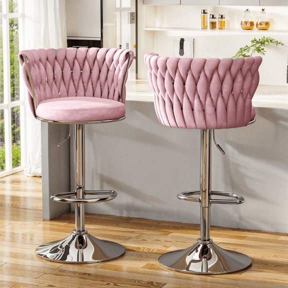 AWQM Swivel Bar Stools Set of 2, Velvet Upholstered Pub Chairs, Counter Height Dining Chairs Barstools, Adjustable Counter Stools Kitchen Island Chairs, Bar Chairs with Back & Footrest, Pink