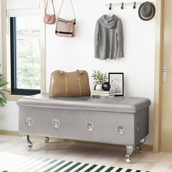AWQM Upholstered Storage Ottoman, 37.4 Inch Storage Bench with Button Tufted and Safety Hinge, Flip Top Footrest Bench for Bedroom Living Room, Silver