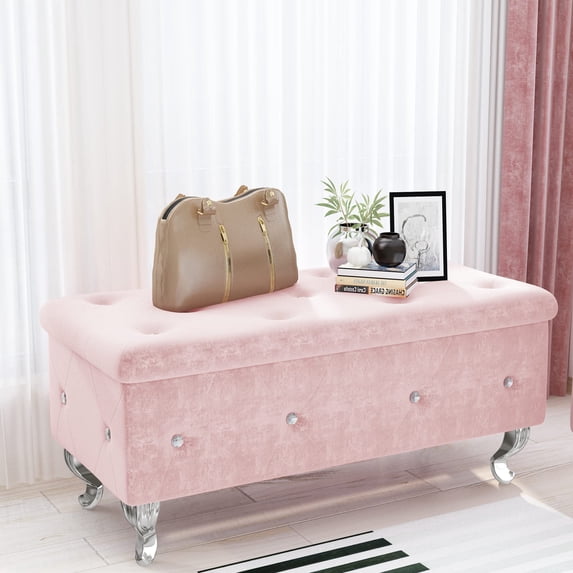 AWQM Upholstered Storage Ottoman Storage ottoman Bench End of Bed Bench with Button Tufted and Safety Hinge Pink