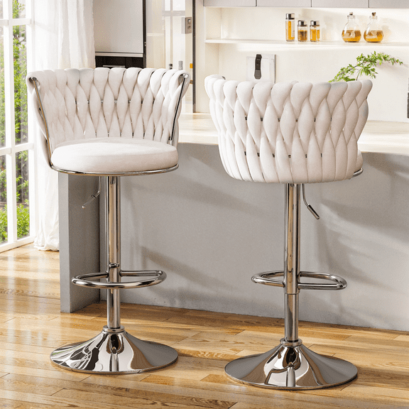 AWQM Velvet Bar Stool Set of 2, Swivel Counter Height Dining Chairs, Adjustable Barstools Pub Chairs, Upholstered Counter Stools Bar Chairs, Kitchen Island Chairs for Dining Room, Cafe, Beige