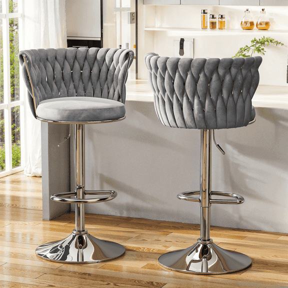 AWQM Velvet Bar Stools Set of 2, Adjustable Counter Height Dining Chairs, Woven Swivel Pub Chairs with Back & Footrest, Counter Stools Bar Chairs for Kitchen Island, Pub, Restaurant, Gray