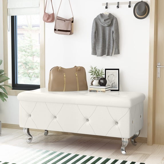 AWQM Velvet Upholstered Ottoman Bench with Storage, White