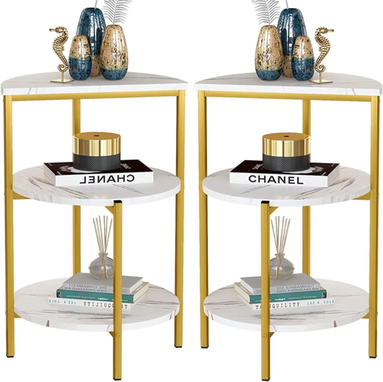 AWQM White and Gold End Tables Set of 2, Round Marble Nightstand Set of ...