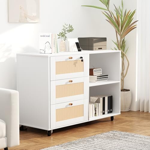 White Rattan 3-Drawer Lockable Mobile Filing Cabinet