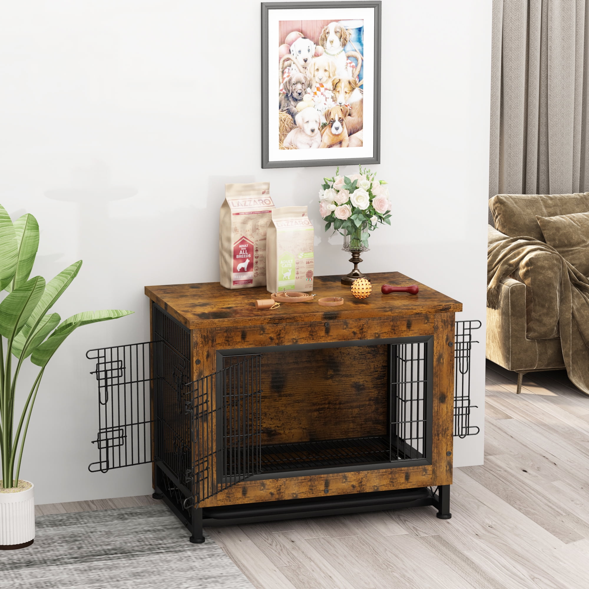 AWQM Wooden Dog Crate Furniture with 3 Doors, Dog Crate End Table with
