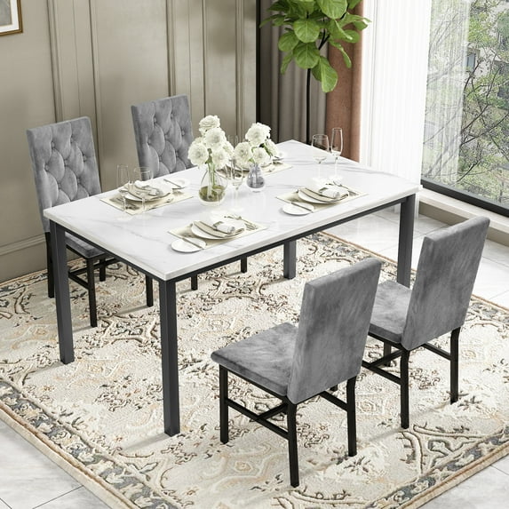AWQMDining Table Set for 4, Faux Marble Kitchen Table with 4 Tufted Velvet Upholstered Dining Chairs, Modern 5 Pieces Dining Set for Kitchen, Breakfast Corner, Apartment, Gray