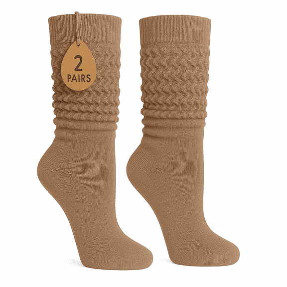 Women's Extra Long Slouch Socks Knee High Cotton Blend Pack of 2 Shoe Size 5-10 Retro 80s Style (Beige)