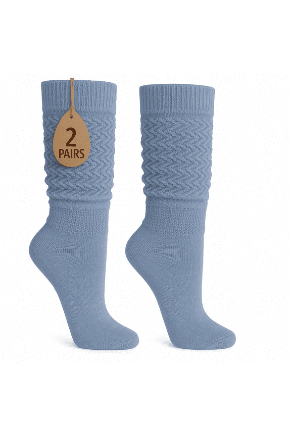 Women's Extra Long Slouch Socks Knee High Cotton Blend Pack of 2 Shoe Size 5-10 Retro 80s Style (Light Blue)