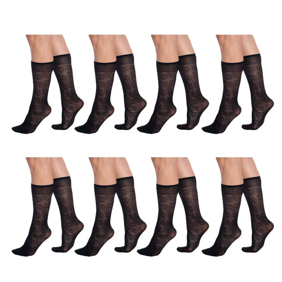 AWS Flower Patterned 6 Pairs Sheer Knee Socks for Women 15 Denier Stay up Band Stretchy Silk Socks (Black)