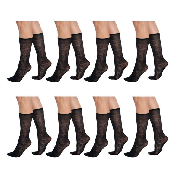 AWS Flower Patterned 6 Pairs Sheer Knee Socks for Women 15 Denier Stay up Band Stretchy Silk Socks (Black)