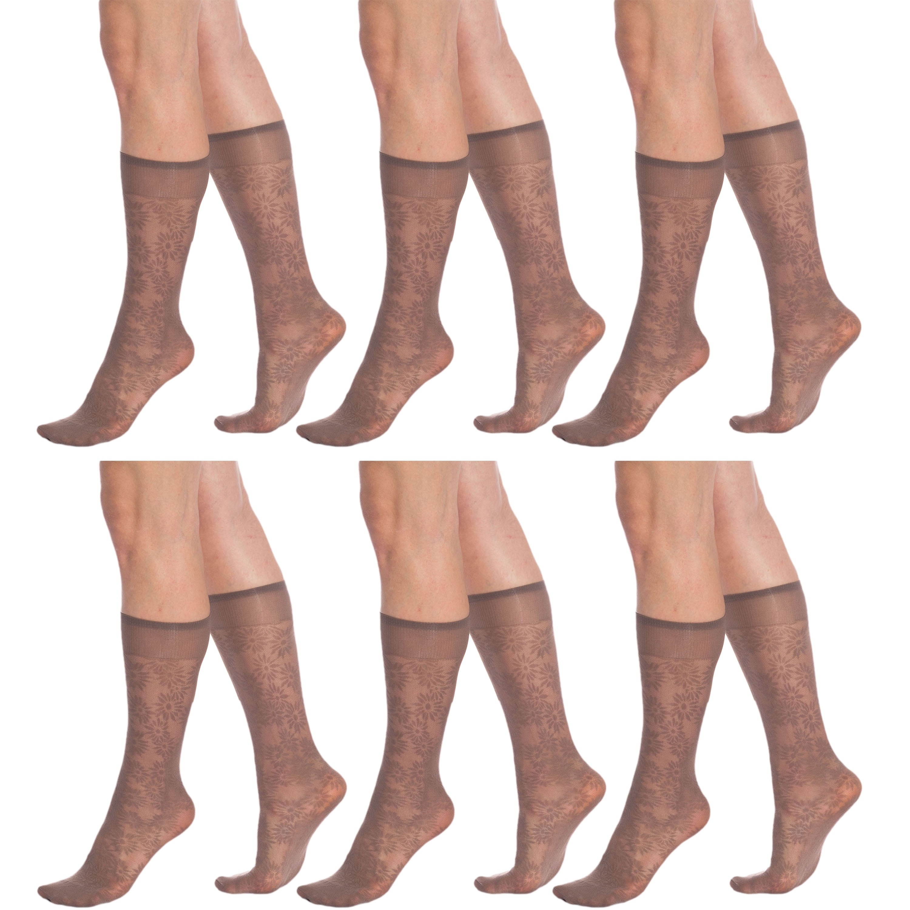 AWS Flower Patterned 6 Pairs Sheer Knee Socks for Women 15 Denier Stay ...