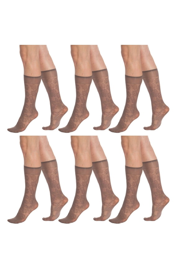 AWS Flower Patterned 6 Pairs Sheer Knee Socks for Women 15 Denier Stay up Band Stretchy Silk Socks (Mink)