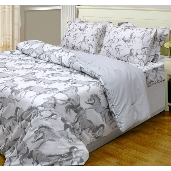 "Lila" Elegant Horse Comforter Set, White w/ Gray, Twin