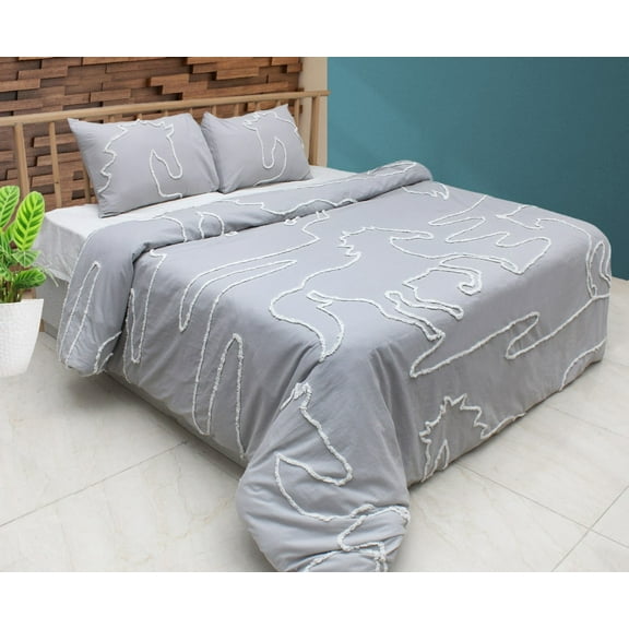 "Lila" Elegant Horse Duvet Set, White w/ Gray, Queen