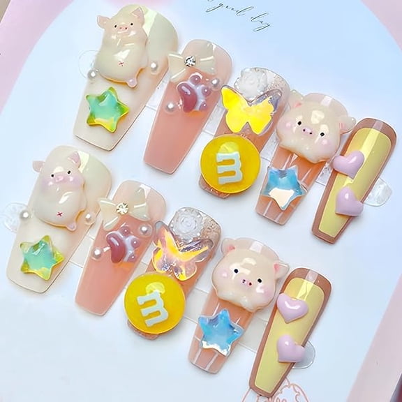 AWTO 24Pcs Handmade Cute Cartoon Press On Nails with Nail Kit Medium Coffin False Nails with 3D Charms & Rhinestone Reusable Set for Women & Girls Boxed Kawaii Nail Art