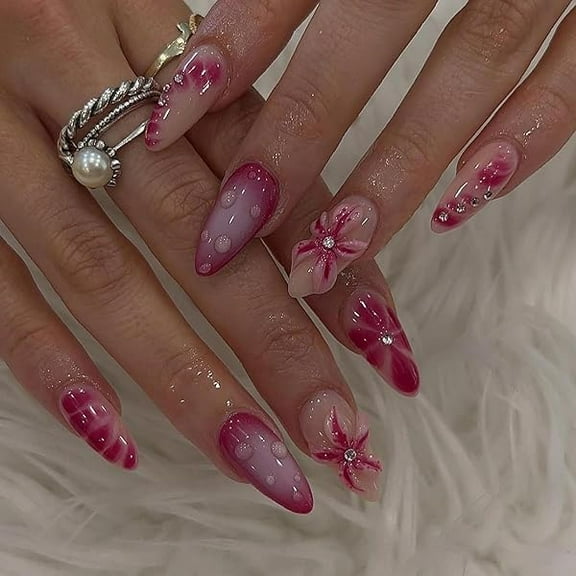 AWTO 3D Handmade Spring & Summer Rose Red Flower Press On Nails Almond Medium 24 Pcs, Floral Designer Reusable Acrylic Fake Nails with Glue, Wedding and Party, Daily wear Nails fro Women Gift
