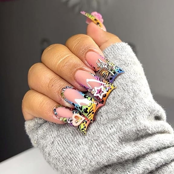 AWTO Duck Press On Nails Medium Duck Nails Press On French Fake Nails Rhinestones Nails Press Ons Leopard Print Glue On Nails Acrylic Nails Artificial Nails For Woman 24pcs(Duck French Leopard)