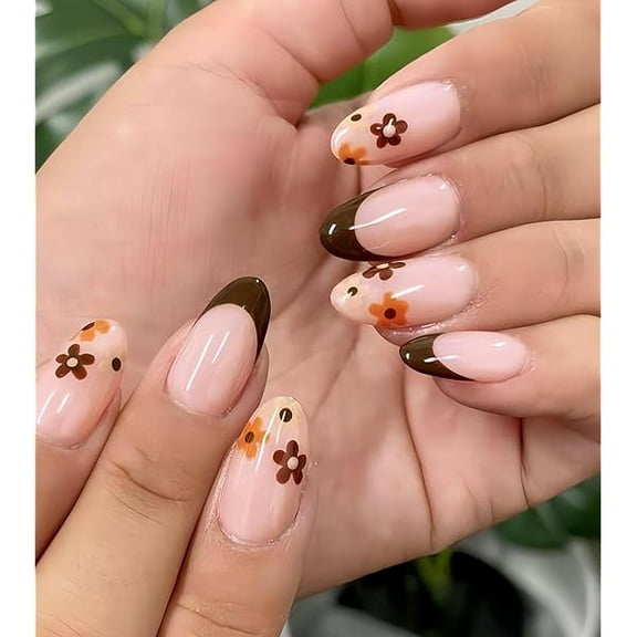 AWTO Morily Fall Press On Nails - Short Oval, Brown French Tip Fake Stick on Nails with Flowers Designs, 24Pcs