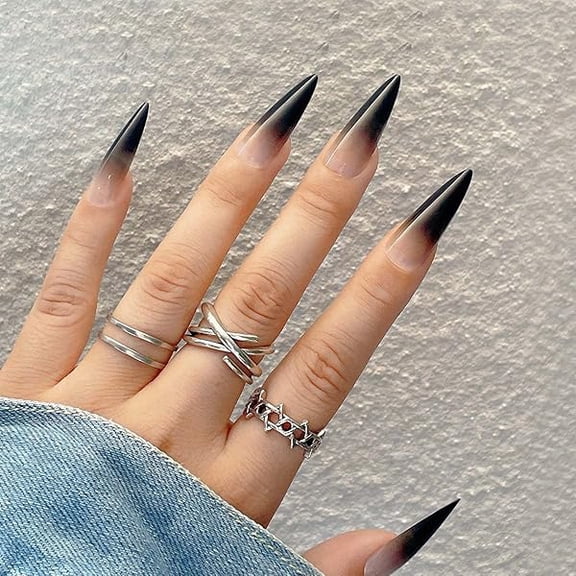 AWTO Press on Nails Short Medium Stiletto, Fake Nails for Women with Nude Pink Black Ombre Tips Design, Full Cover Acrylic Nails Press on, Reusable fake on Nails Stick on Nails for Christmas 24Pcs