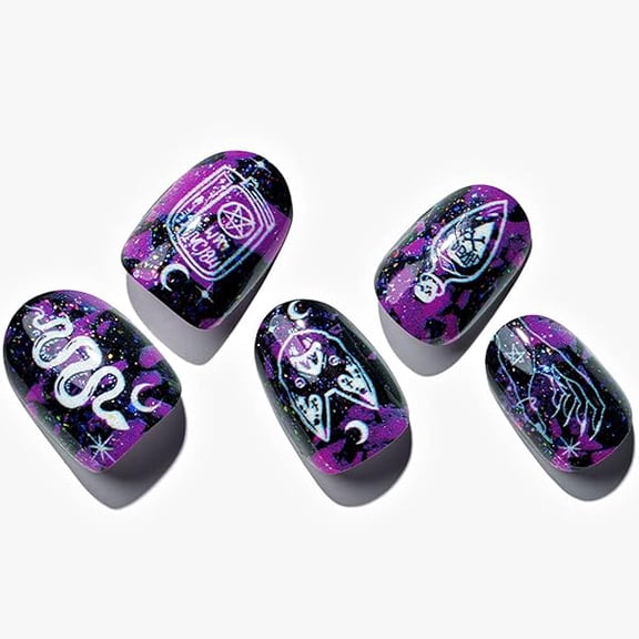 AWTO Press on Nails Short Oval, Gothic Purple Snake Gel Glue on Nails, 24Pcs Glossy Round Reusable UV Finish Fake Nails Acrylic False Nails Manicure Kits for Women