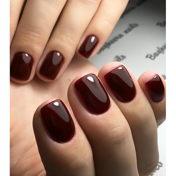 AWTO Press on Nails Short - Square Press On Nails, Jelly Wine Red Stick On Nails, Burgundy Glue On Nails with Jelly Stickers, Solid Color Fake Nails in 12 Size - 24PCS False Nail Kit