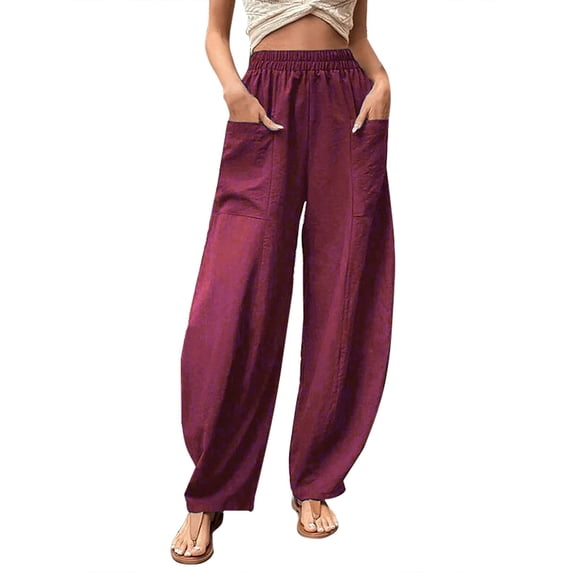 AWXNJUX Capri Pants for Women Womens Solid Color Casual Pants Trousers Elastic Waist Pockets Wide Leg Trousers Womens Pants Casual Pants Women Beach Pants for Women (Red,XXXL)