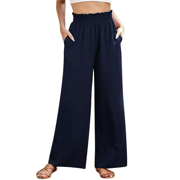 AWXNJUX Casual Pants for Women Women's Elastic High Waisted Fashionable Wide Leg Pants With Slimming and Drapey Wide Leg Pants Pants Womens Women's Pants (Navy Blue,L)