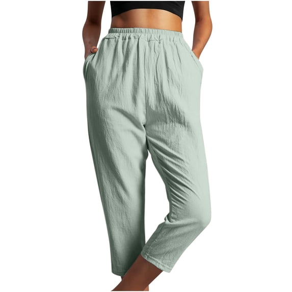 AWXNJUX Casual Pants for Women Women's Solid Color Elastic Waist Stitching Straight High Waist Cropped Casual Pants Womans Pants Casual Pants Women Beach Pants for Women (Mint Green,L)
