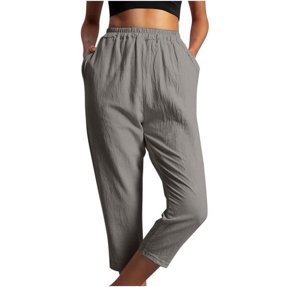 AWXNJUX Casual Pants for Women Women's Solid Color Elastic Waist Stitching Straight High Waist Cropped Casual Pants Women's Pants Women Pants Casual Summer Pants (Gray,L)
