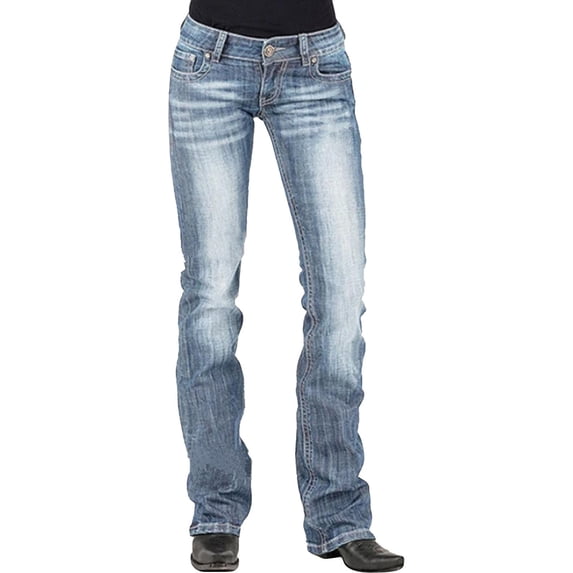 AWXNJUX Jeans for Women Trendy Women Mid Waisted Denim Jeans Embroidery Stretch Button Straight Pants Jeans Plus Size Jeans Jeans Womens (Light Blue,S)
