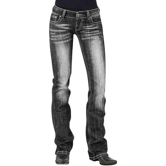AWXNJUX Jeans for Women Trendy Women Mid Waisted Denim Jeans Embroidery Stretch Button Straight Pants Jeans Bell Bottom Jeans for Women (Black,XXL)