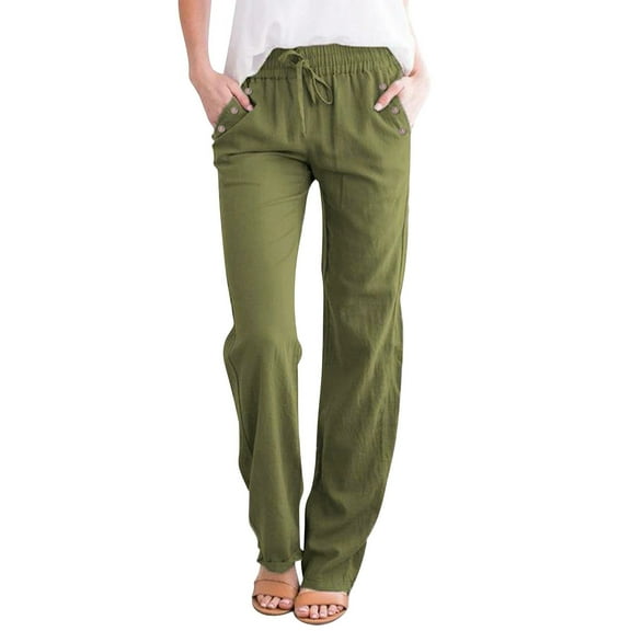 AWXNJUX Joggers for Women Women Fashion Solid Color Cotton Flax Elastic Long Pants Beach Leisure Trousers Women's Pants Casual Women Pants Casual Summer Pants (Army Green,S)