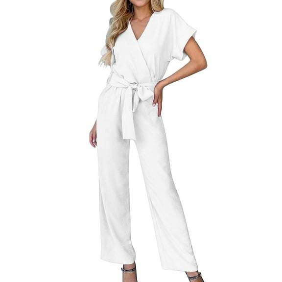 AWXNJUX Jumpers for Women Women's Jumpsuit Casual Short Sleeve Wrap V Neck Belted Wide Leg Pants (White,M)