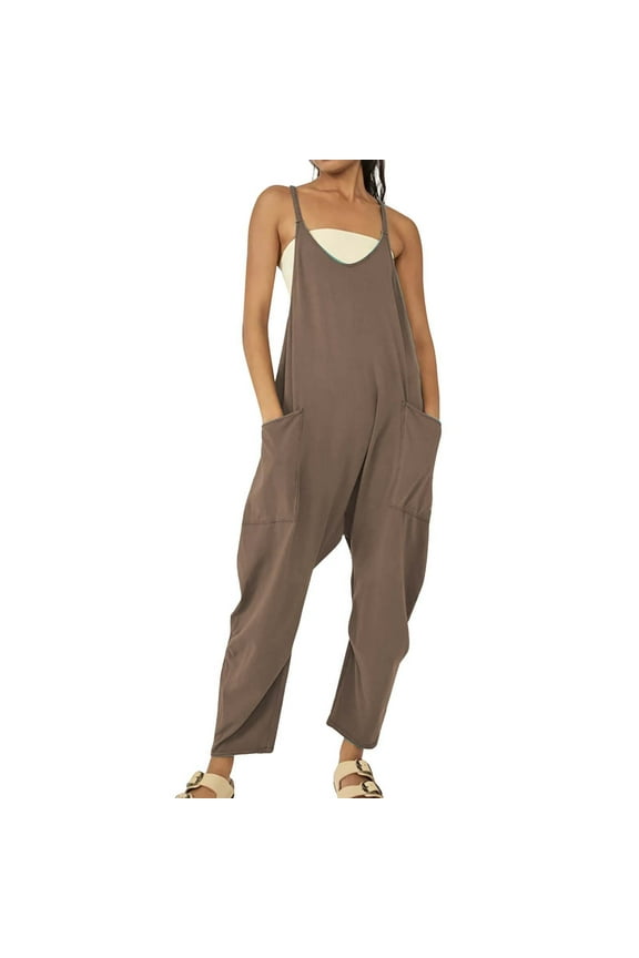 Jumpsuits for Women Casual Women's Casual Sleeveless Jumpsuits V Neck Spaghetti Strap Overalls Long Pants Romper with Two Pockets Womens Rompers Monos Mujer (Coffee,XXXXXL)