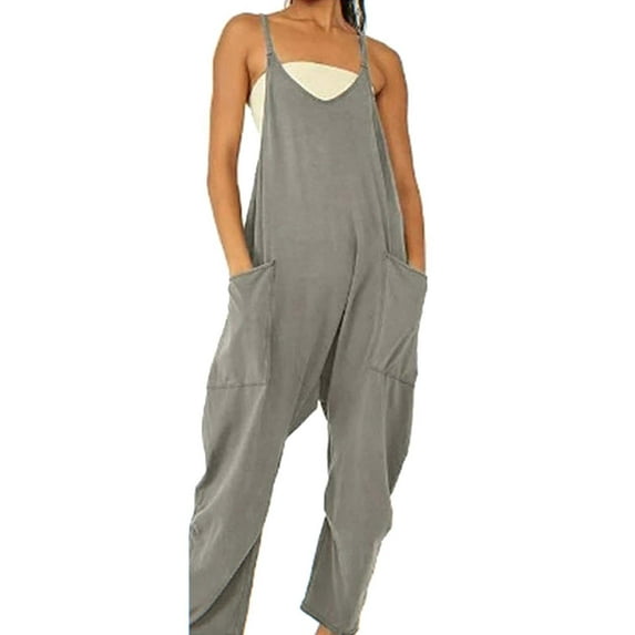 AWXNJUX Jumpsuits for Women Women's Casual Sleeveless Jumpsuits V Neck Spaghetti Strap Overalls Long Pants Romper with Two Pockets Jumpers for Women Combinaison Femme (Gray1,L)