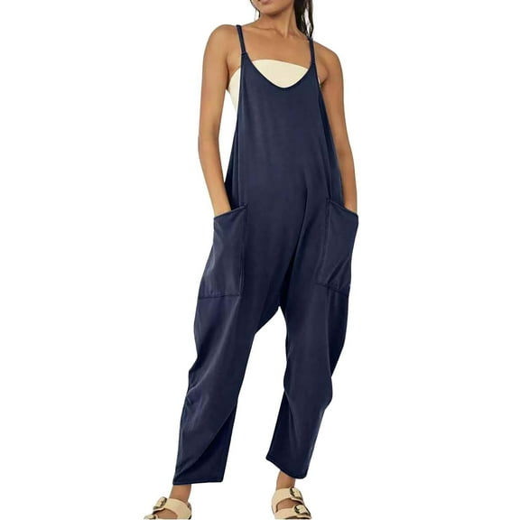 AWXNJUX Jumpsuits for Women Women's Casual Sleeveless Jumpsuits V Neck Spaghetti Strap Overalls Long Pants Romper with Two Pockets Womens Romper Combinaison Femme (Blue2,XL)