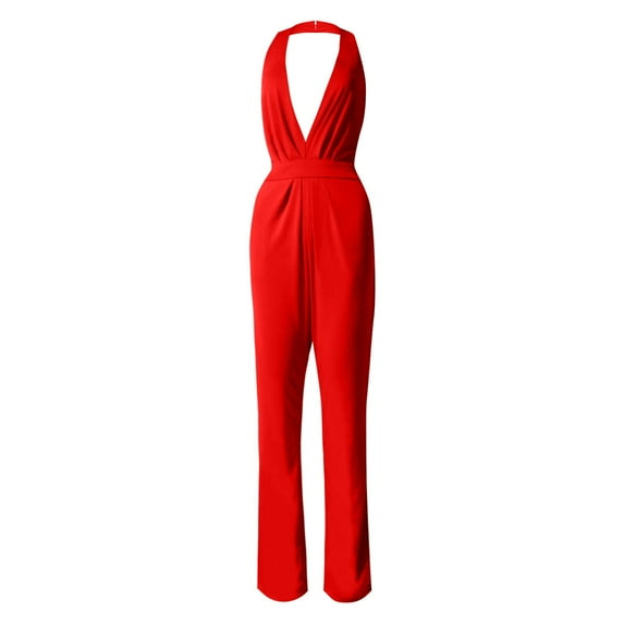 AWXNJUX Jumpsuits for Women Solid Color Jumpsuit Straight Pants Simple and Exquisite Design (Red,XL)