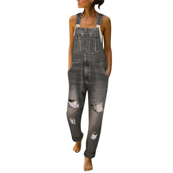 AWXNJUX Jumpsuits for Women Women's Casual Vintage Overalls Loose Straight Denim Bib Overall Jean Pants (Gray,XL)