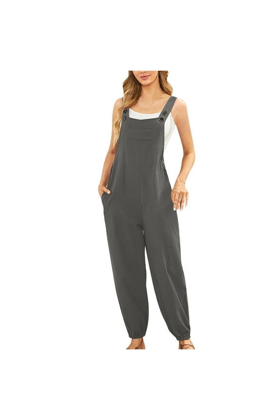 Jumpsuits for Women Women's Cotton and Linen Pocket Casual Loose Long Camisole Jumpsuit (Gray,M)