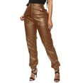 thumbnail image 1 of AWXNJUX Leather Leggings Women Women's Faux Leather Loose Solid Pant High Waist Baggy Jogger Cargo Pant With Pockets Leather Pants for Women Womens Leather Pants Leather Pants Women(Khaki,L), 1 of 6