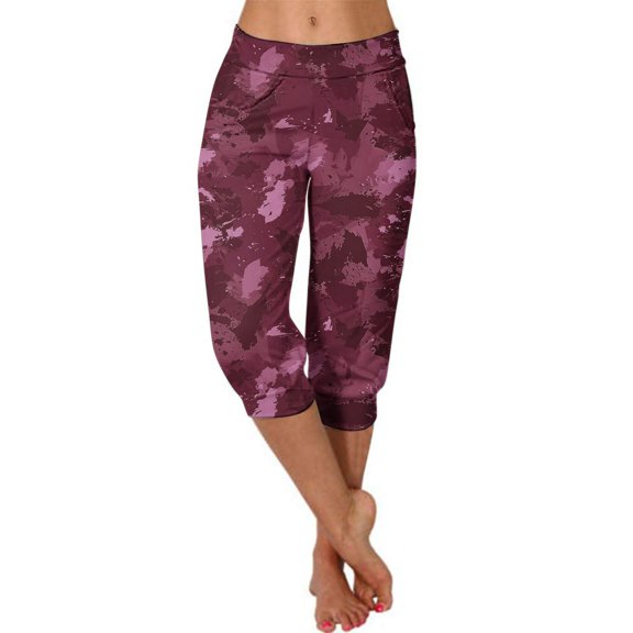 AWXNJUX Linen Pants Women Capri Leggings for Women 2024 High Waisted Cutout Yoga Capris Lightweight Cozy Cropped Pants Solid Soft Pajams Pants Wide Leg Pants Woman's Pants (Wine Red,XL)