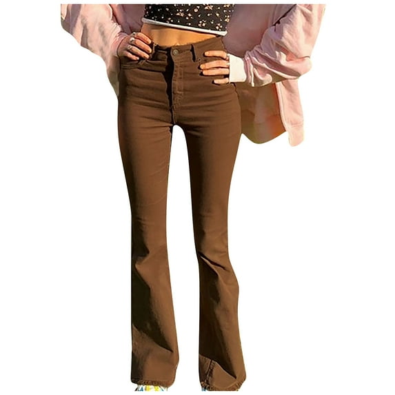 AWXNJUX Pants for Women Women Flare Pants Vintage Streetwear Mid Waist Denim Cute Jean Trousers Sweatpan Flare Jeans for Women High Waisted Jeans Straight Leg Jeans for Women(Brown,M)